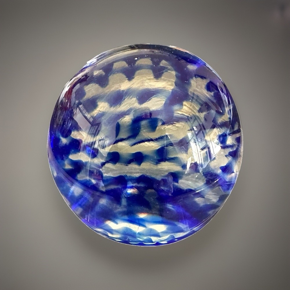 Vintage Hand Blown Art Glass Paperweight Cobalt Blue Pattern In Clear Glass 2" - Picture 2 of 8